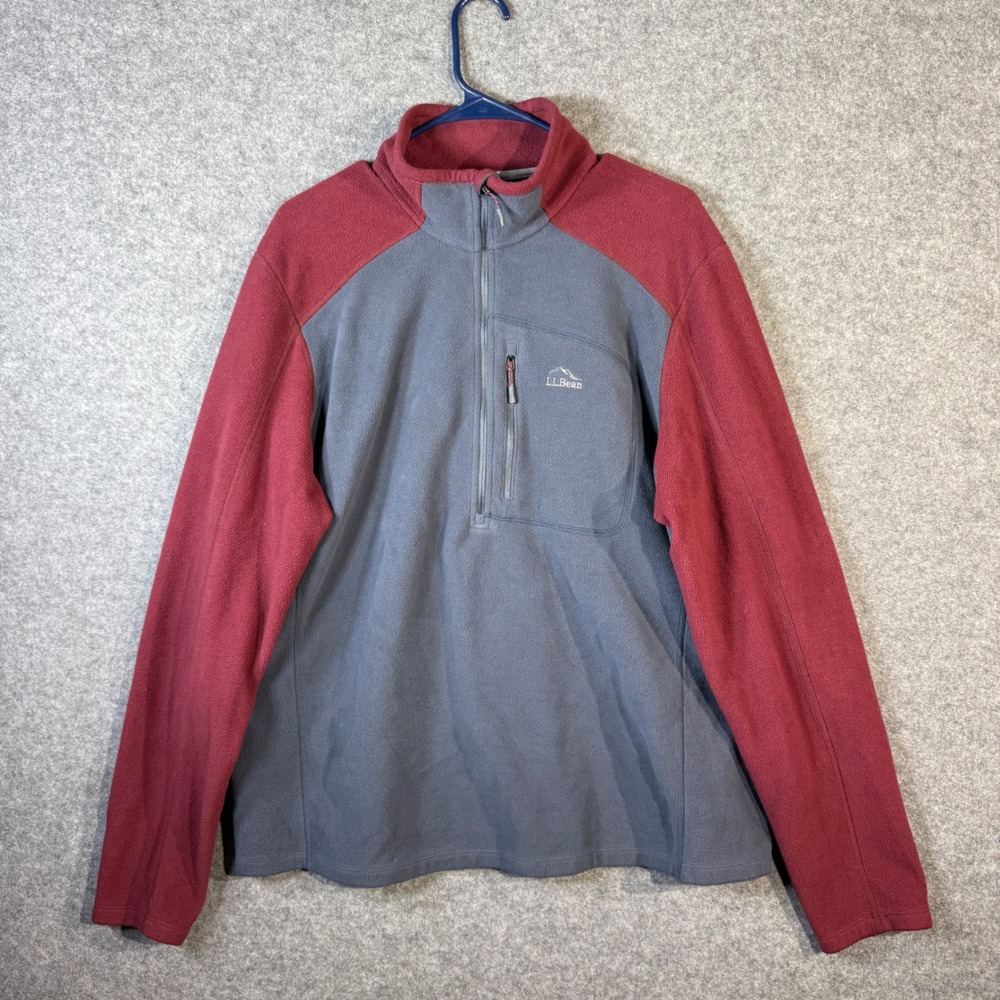 LL Bean Mens Fleece Pullover Gray Red 1/4 Zip Long Sleeve Outdoor Activewear